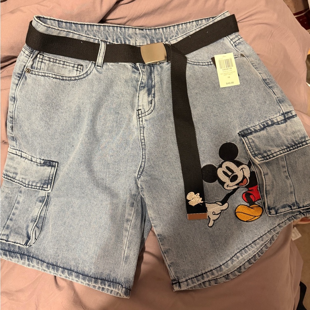 Disney Women's Light Blue Jean Shorts with Mickey Mouse Patch